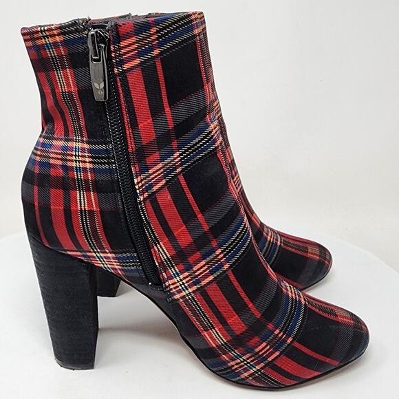 J. Renee Barbet Heeled Booties Women 8M Plaid Red Black Blue Block Heel Side Zip - Picture 9 of 12